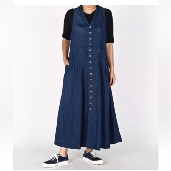 45R Global 45 Rpm Long Indigo Denim Jumper Dress Made In Japan OS Free Size - Picture 1 of 11